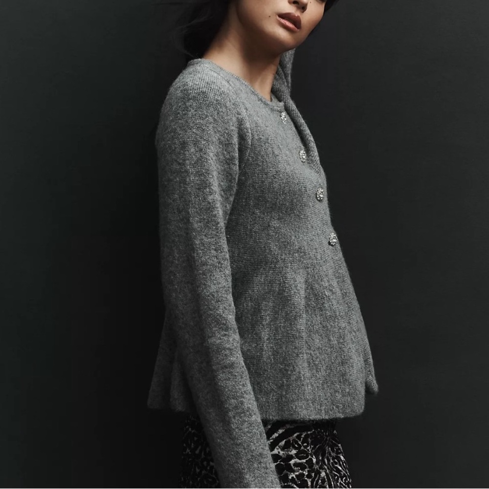 Anthropologie Maeve Rhinestone Flower Button Peplum Cardigan Sweater New Size 2X - Picture 3 of 13